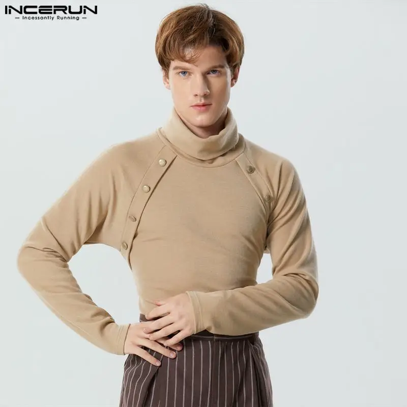 

INCERUN Tops 2023 American Style Fashion New Mens Metal Buckle Design Pullover Casual Solid High Neck Long Sleeved Sweater S-5XL