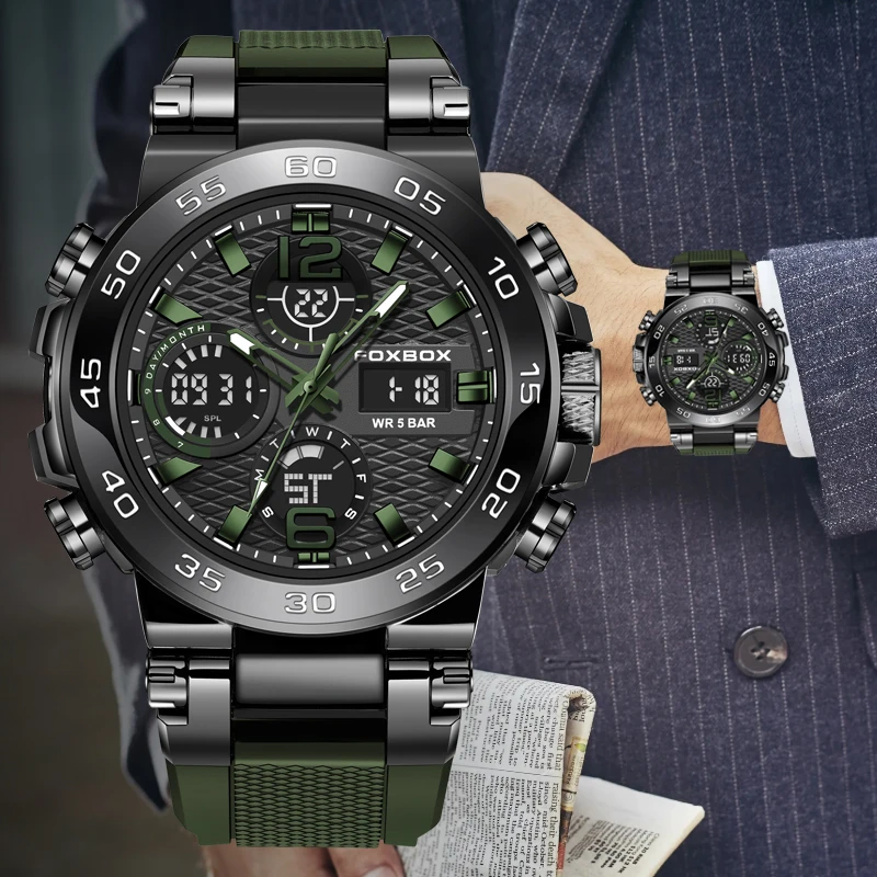 

Мужские модные часы LIGE 2026 FOXBOX: Роскошные спортивные военные водонепроницаемые цифровые кварцевые наручные часы-хронограф Reloj