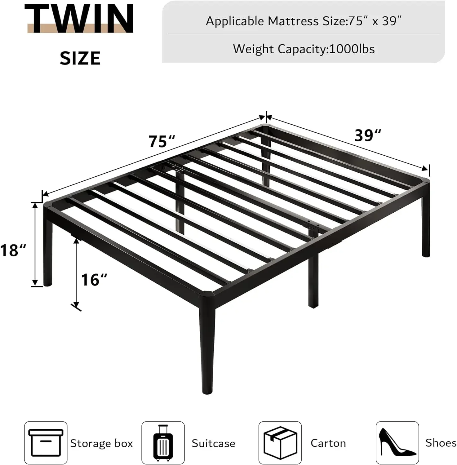 O quadro gêmeo da cama do metal com espaço de armazenamento Underbed, apoio resistente das ripas do aço, nenhuma mola da caixa necessária, plataforma alta, 18 dentro