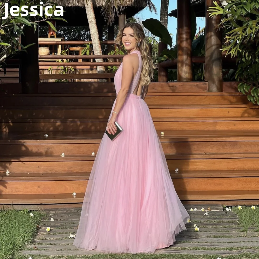 

Jessica Light Pink Prom Dress Sexy Deep V-neck Backless Evening Dresses Vestidos De Fiesta Formal Occasions Wedding Party Dress