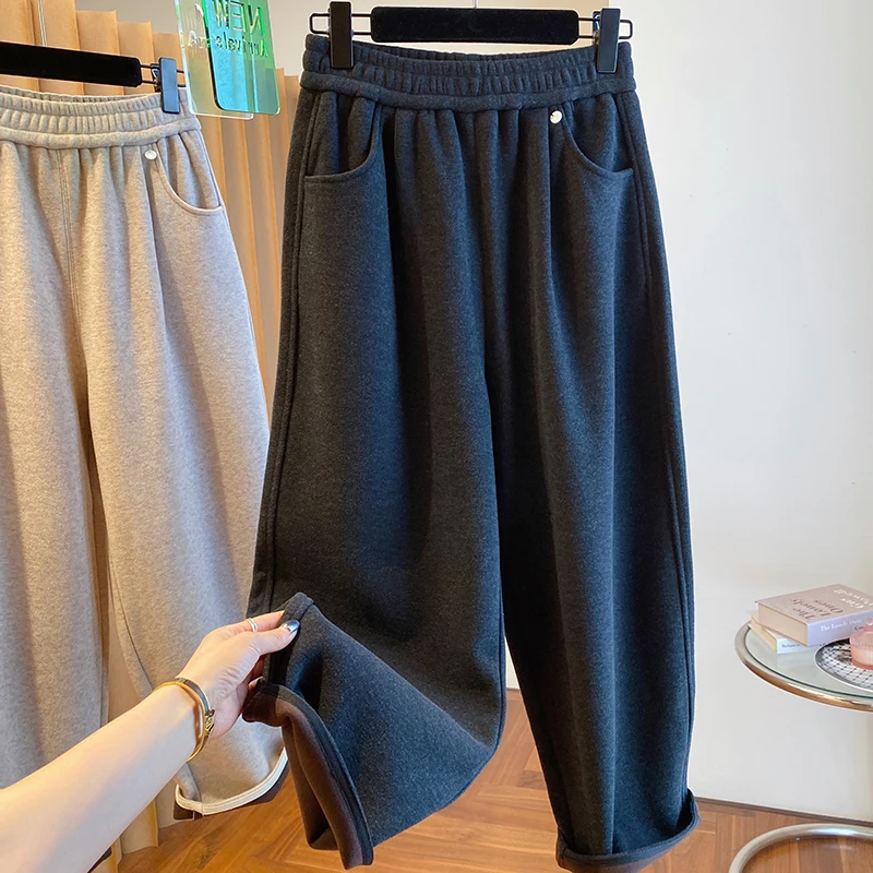 Korean Style Casual Thickened Women High Waist Woolen Pants Autumn Winter New Warm Elastic Pants