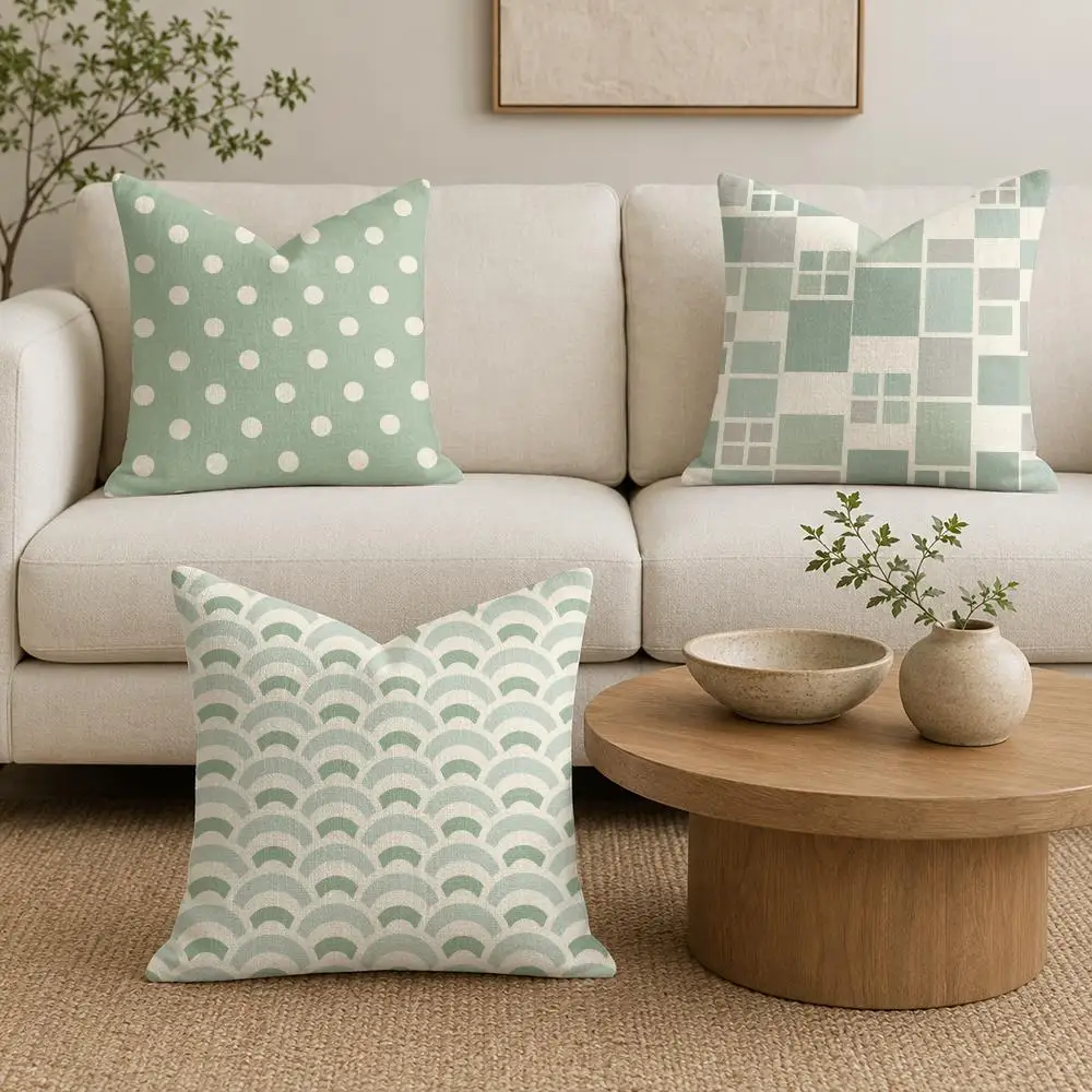 Sage Green Seamless Patterns Cushion Cover Plush Fabric Soft Double-Sided Printed Sofa Warm Winter Home Gift Pillow Cover