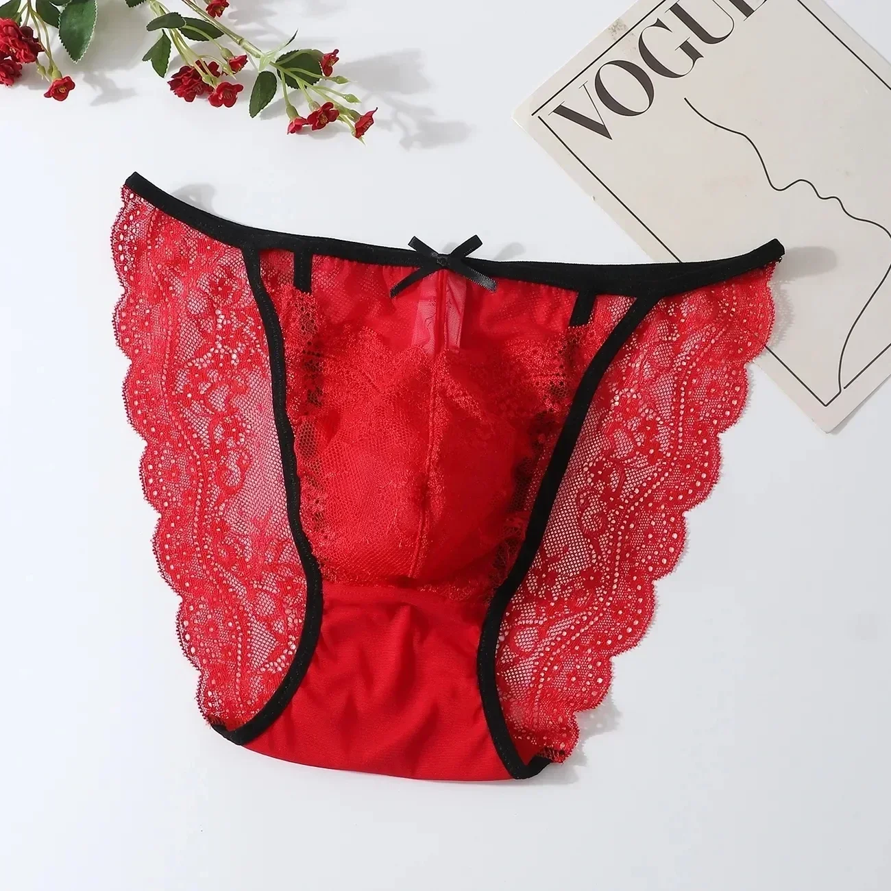 Man's Sexy Lace See Through Red Blue Briefs Low waist bow Panties Live Show Dance DJ Club Private Party FKK BF Gift Panty