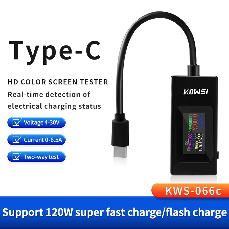 KWS-066C Type-C Tester DC4-30V Voltage Meter Timing Ammeter Digital Monitor Cut-off Power Indicator 2-Way Current Voltage Tester