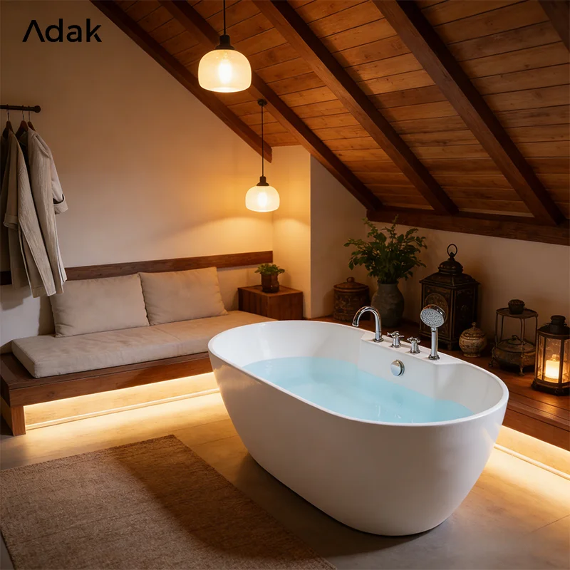 Adak WB-8033 Freestanding Oval Soaking Massage Bathtub Indoor Portable Acrylic Tub Drainer Eco-Friendly 5-Year Warranty Easy