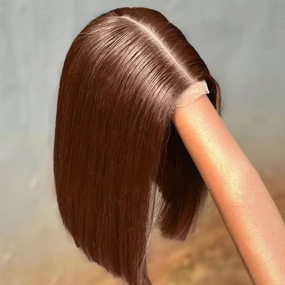 Peluca Bob corto marrón Chocolate, peluca Frontal de encaje 13x4, pelucas frontales de encaje HD rectas, peluca Bob prearrancada de cabello humano para mujer, Color