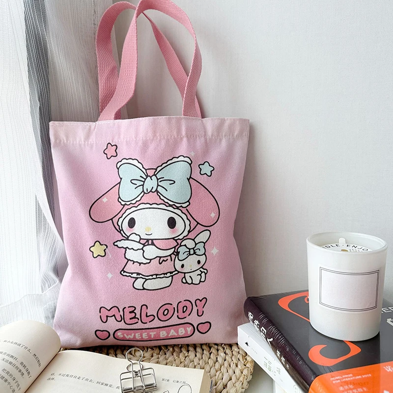 Kawaii Sanrio Hello Kitty Canvas Bag Pochacco Kuromi Cinnamoroll Handbag Large Capacity Shopping Bags Storage Bag