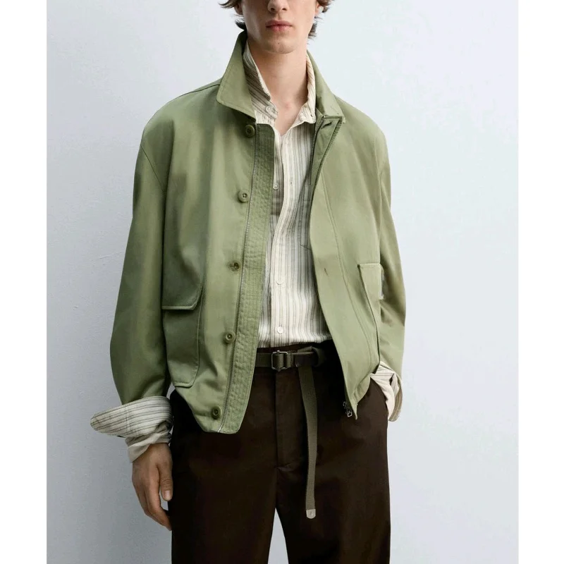 

Fall New Casual Men's Jaet Multi-ket Workwear Sle Tech Fabric Collar up Coat Stand Fit Long Sve Polyester Fiber