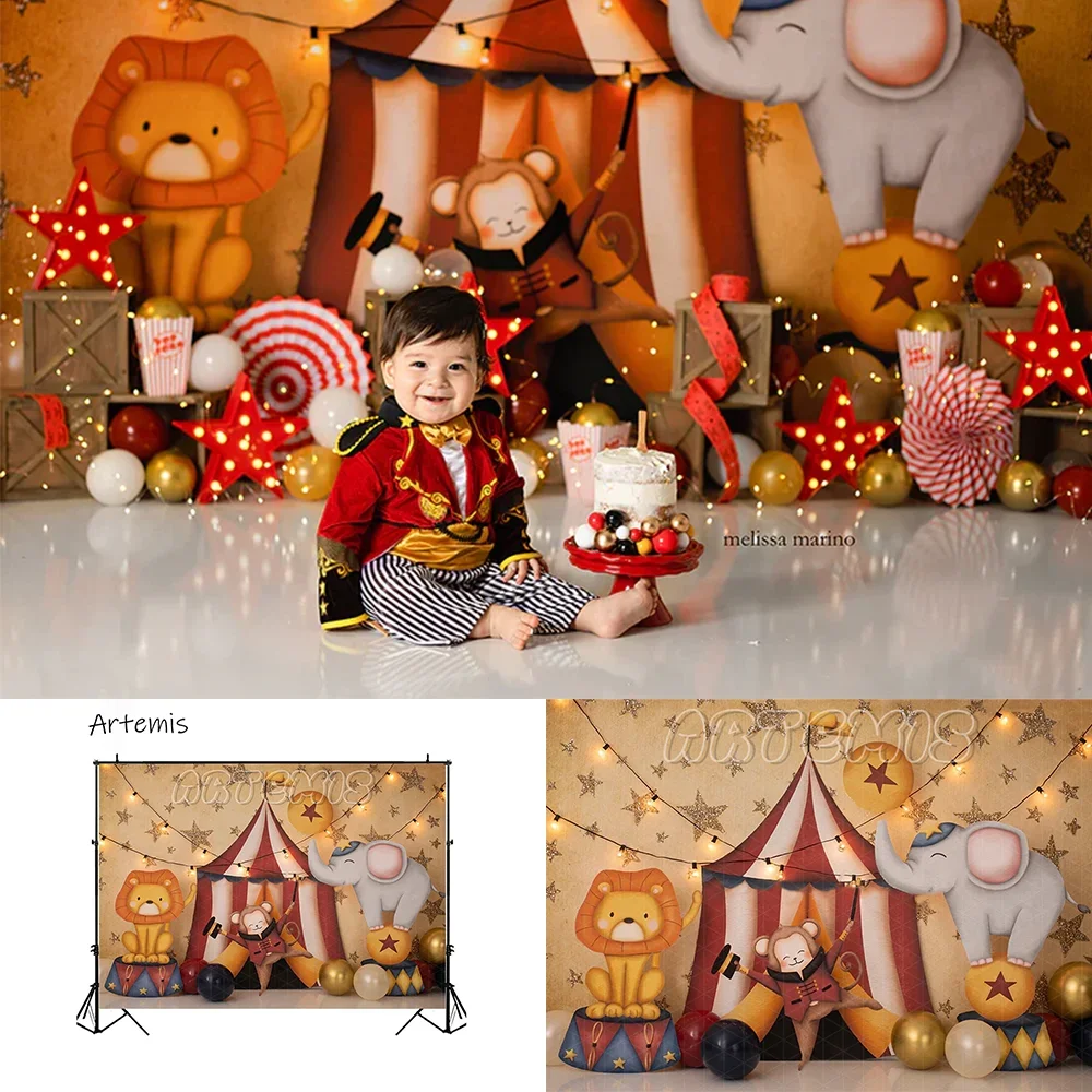 

Red Golden Circus Animal Cake Smash Backdrops Monkey Lion Shiny Show Children's Birthday Decoration Photocall Photo Backgrounds