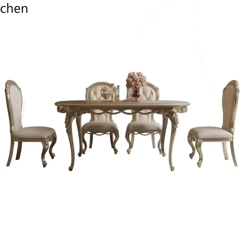 w10-Solid Wood Long Dining Table Household Oval Dining Table and Chair Set Furniture