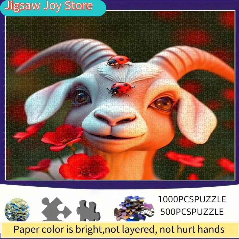 puzzle, puzzle en papier à faire soi-même, mignonne chèvre et coccinelle, puzzle animal, puzzle de dessin animé, puzzle pour adultes; adapté à : puzzle de temps, rela