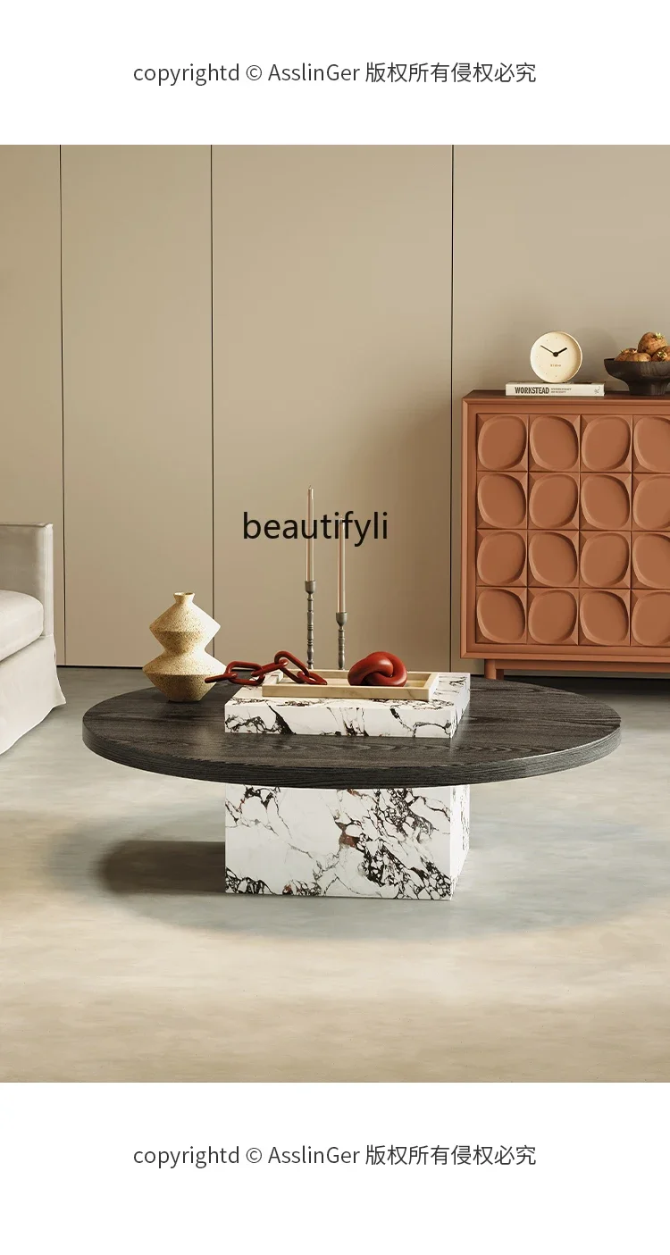 

ss1001 Solid wood coffee table, household living room, marble slate round coffee table