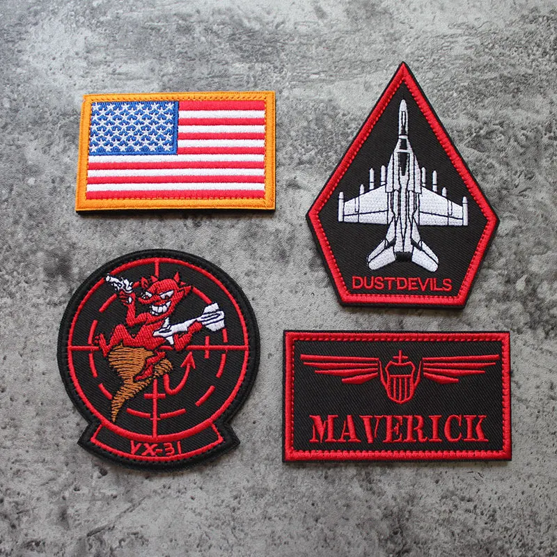 Embroidered Patches US Flag NAVY VX31 Fighter Weapons MAVERICK DUSTDEVILS Armband Military Badge for Clothes Bag Top Gun 2