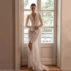 Boho Lace Appliques Mermaid Wedding Dress Simple Long Sleeves Sexy Deep V-Neck Cut-out Bridal Gown High Slit Vestidos Customized