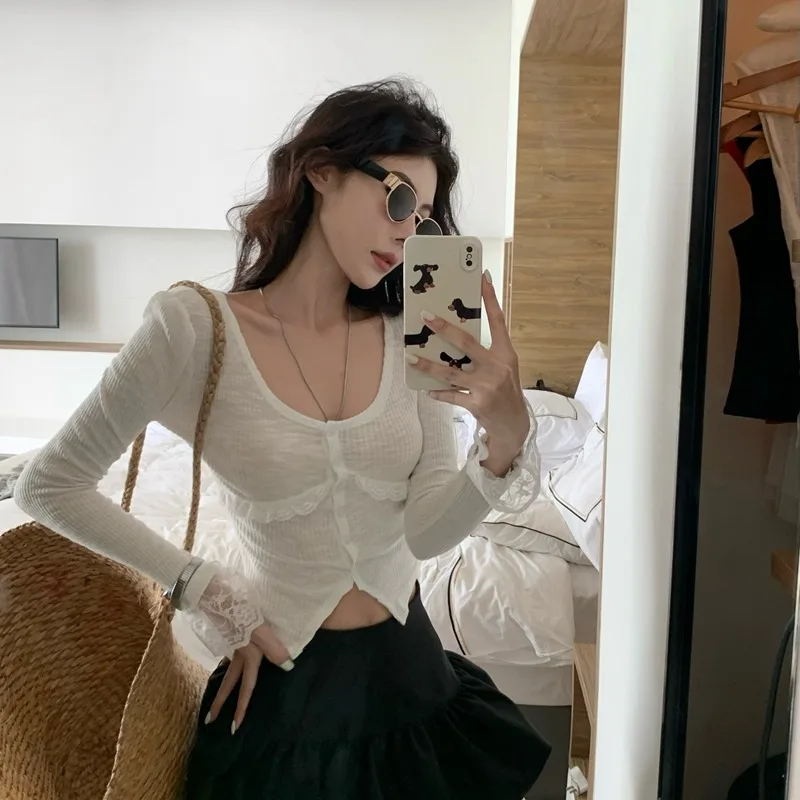 Cárdigan largo ajustado con ribete de encaje Sve V-Ne para mujer, cintura alta, campana, mezcla de algodón y poliéster, Faion de invierno