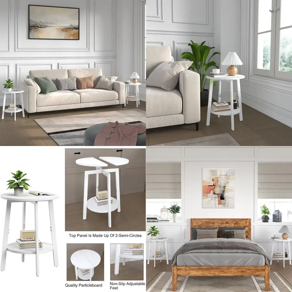 

Pair of Compact Round Side Tables with Storage for Small Spaces, 2-Tier Nightstands, White Accent Tables for Living Room and Bed