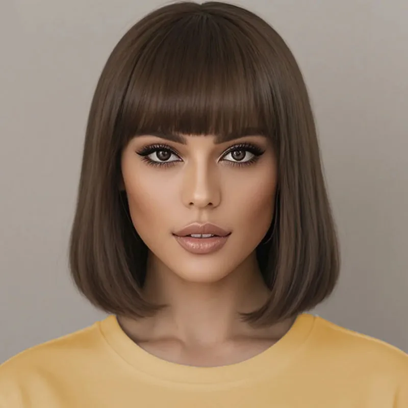

12-дюймовый коричневый парик из коротких волос из синтетического волокна с челкой и прямыми волосами, подходит для повседневного ношения для косплея