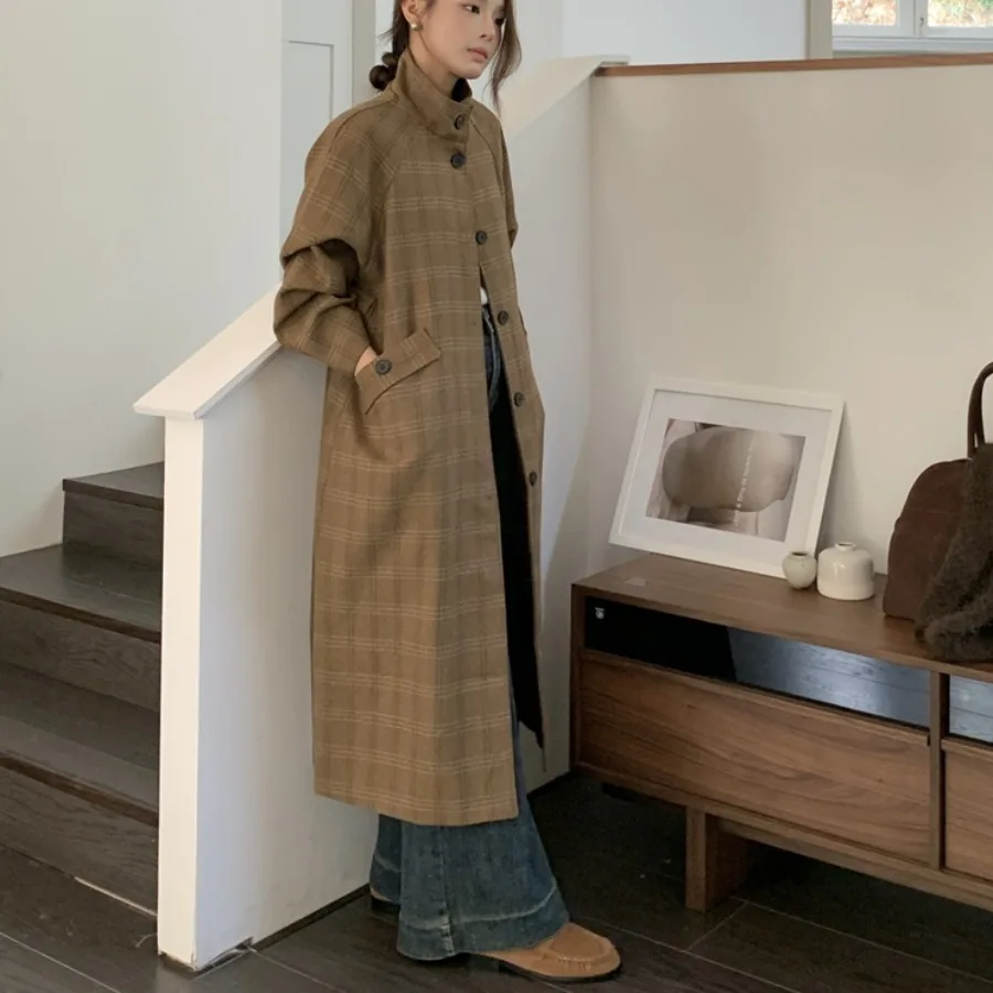 

Chic Long Length Woolen Coat Women's Retro Plaid Cotton oulder Insertion Stand Collar Slimming Outerwear Commute Sle