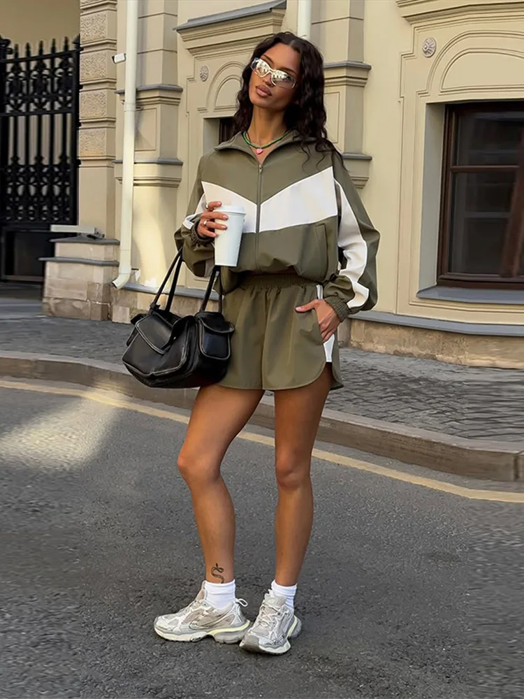 Damen-Shorts 2-teiliges Set Stehkragen Laternenärmel Reißverschluss-Jacken Elastische Taille Kurze Hosen Schicke Damen Paneel-Loose-Anzüge – Detail 13