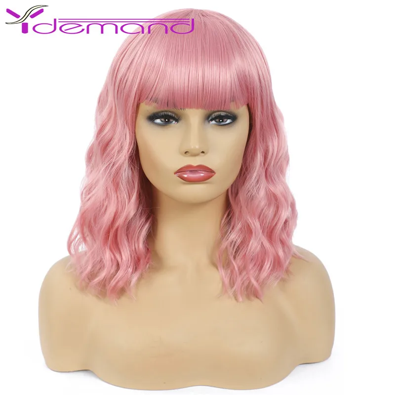 Y Demand Short Natural Wave Hair Synthetic Wigs With Neat Bangs for Women Black Red Pink Blue Green High Quality