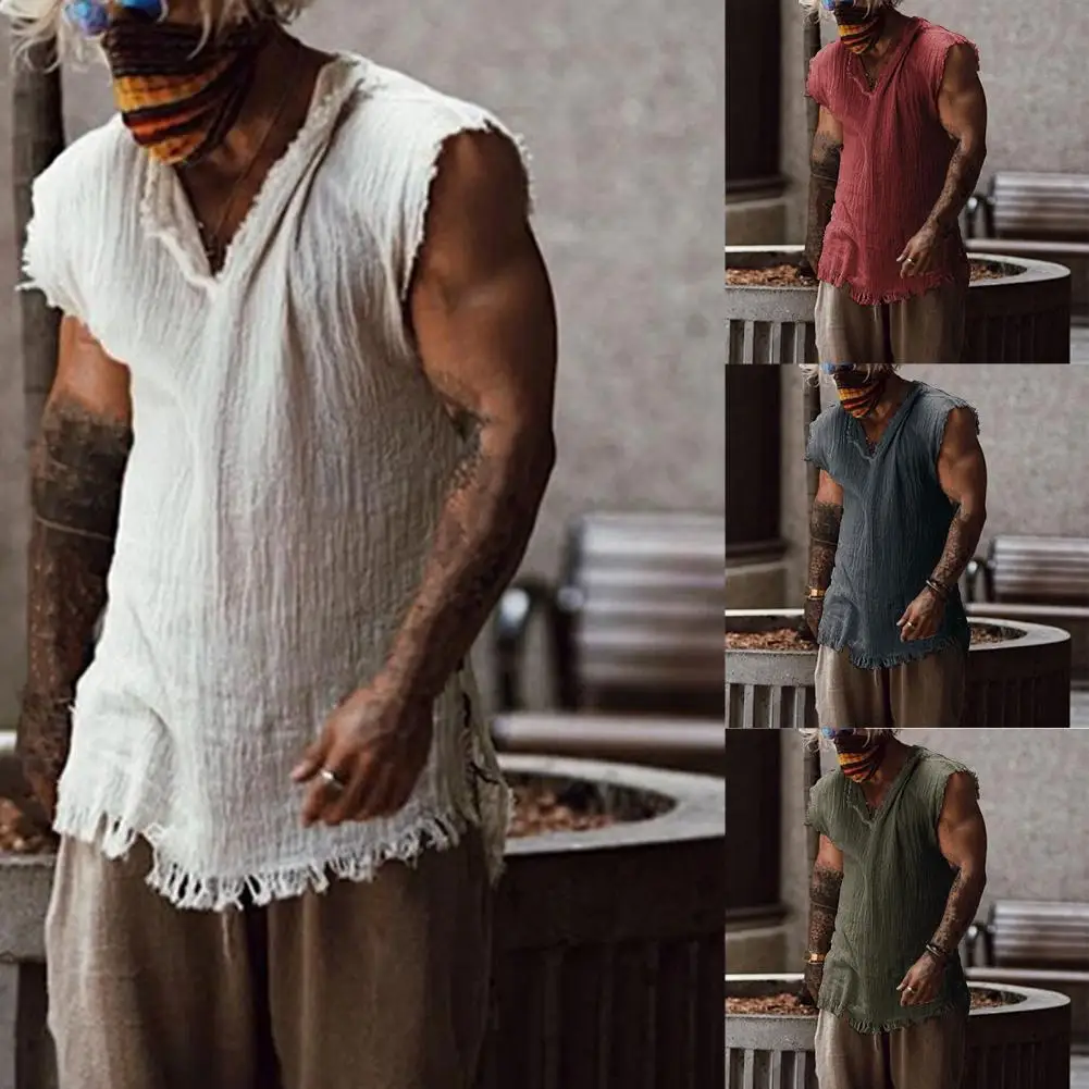 Men Vest Solid Color Casual Leisure Individual Old Style Loose Type Ripped Edge V Neck Sleeveless Men