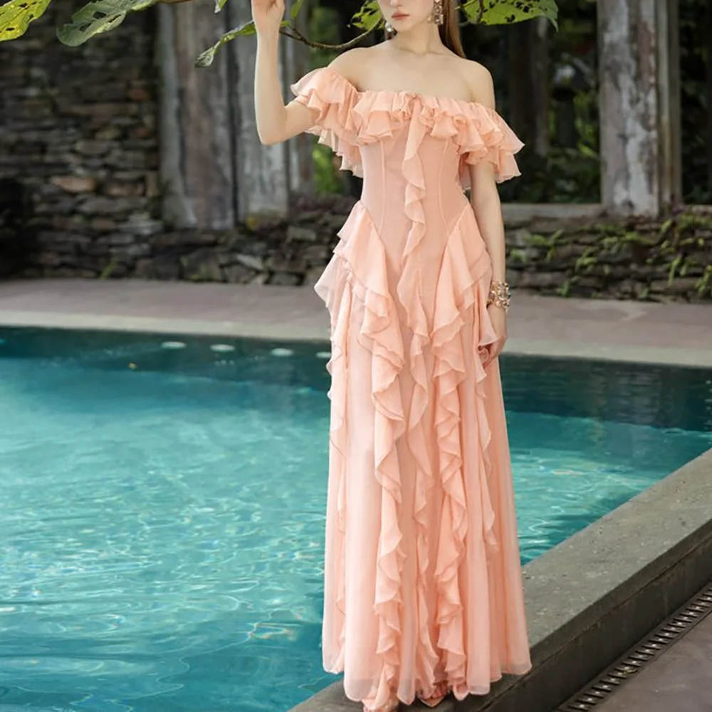 

Chic Chiffon Evening Dresses Fashion Ruched Off The Shoulder A-Line Dress Formal Dinner Prom Club Women Party Gown Simple Style