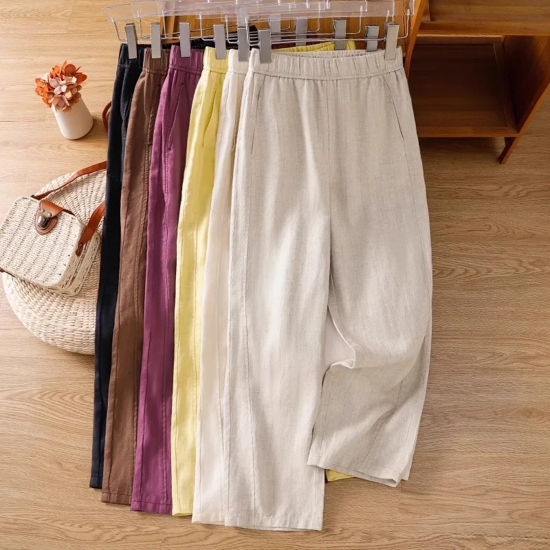 بنطال نسائي صيفي رقيق وفضفاض للتنحيف مريح ومتعدد الاستخدامات من الكتان