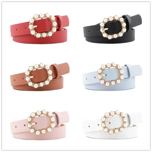 Cinturón decorativo de perlas de moda para mujer, hebilla de Pin redondo, cinturones de perlas, pretina Retro Simple, cinturones de vestido de Jeans de moda