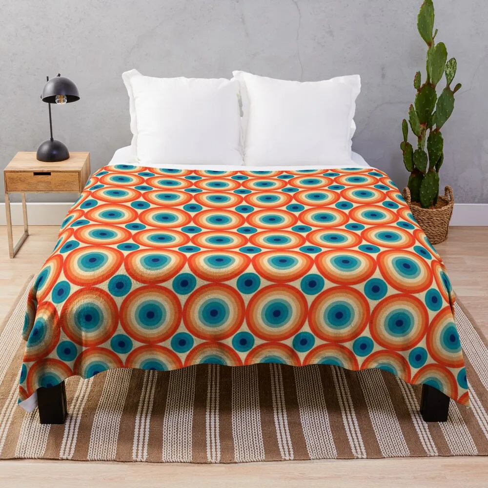 70s Polka Eye illusion Dot Pattern in Orange and Blue Throw Blanket Decorative Sofas Thermal Designers Bed Blankets