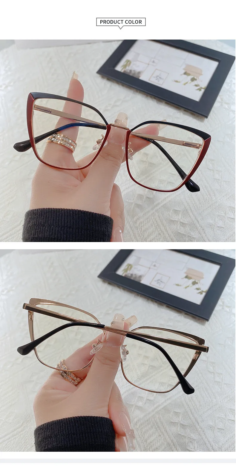 Neue Mode Marke Design Retro Cat Eye Rahmen Photochrome Anti Blau Licht Computer Frauen Lesebrille Weitsichtige Dioptrien 0-6 – Detail 8
