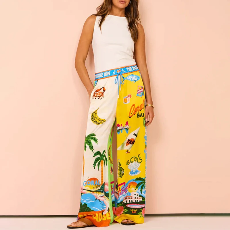 

Womens Hawaiian Coconut Trees Elastic High Waist Loose Long Wide Leg Pants Summer Beach Trousers Holiday Outfits