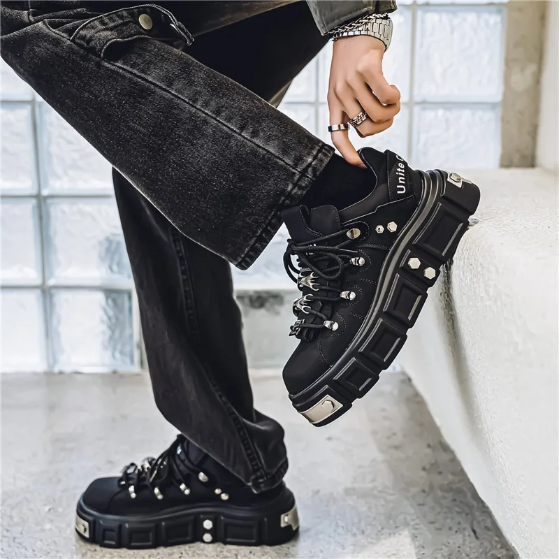 

Men's Leather Shoes Metal Sponge Shoes Thick Soled Punk Shoes Trendy Brand Men's Shoes Plus Size Work Shoes Youth Clunky Sneaker