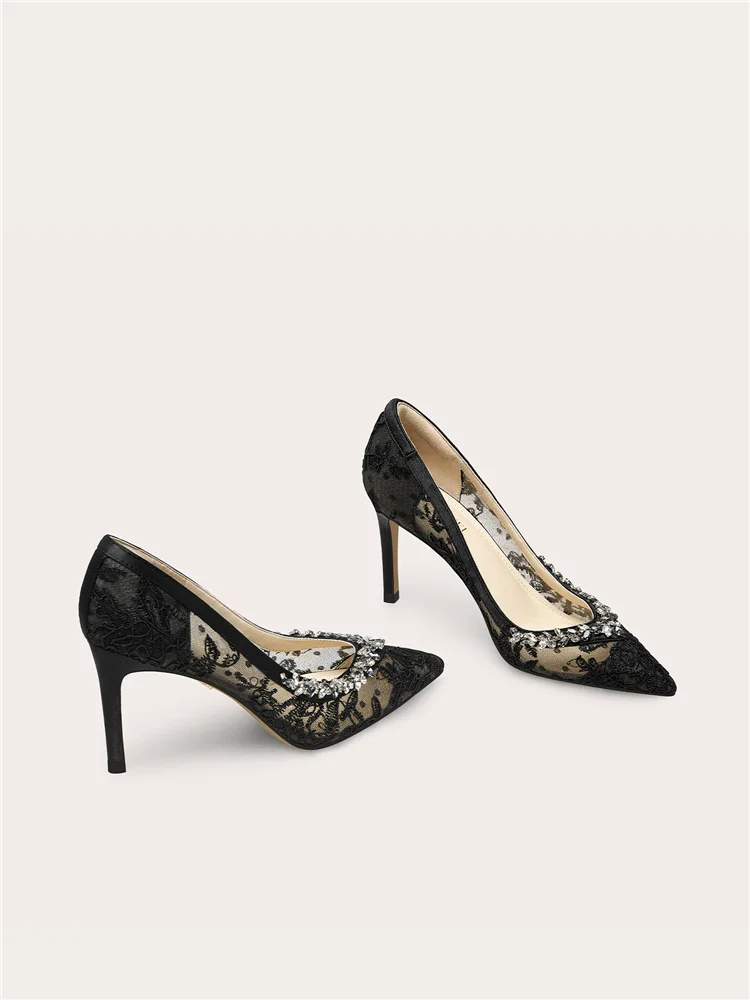 Spring New Pointed Shallow Mouth Lace Water Diamond Single Shoes Banquet Large Size Small Size Widening High Heels Women's Shoes