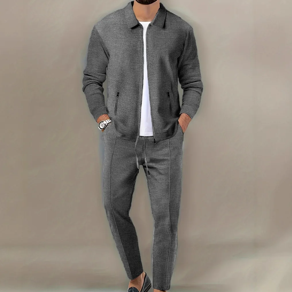 Men's Spring Waffle Two-Piece Set Casual Sports Suit with Zipper Long-Sleeved Jacket And Pants Collared