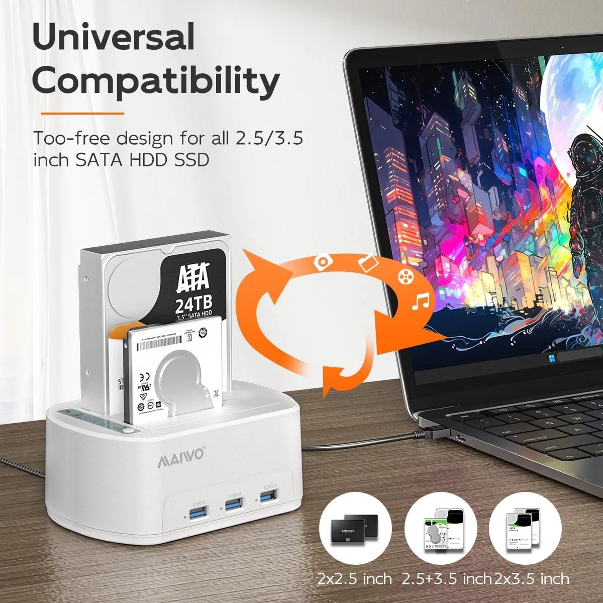 MAIWO 2.5 3,5 inch SATA HDD SSD-behuizing Dual Bay harde schijf dockingstation met offline kloon voor 3X USB 3.0 hub-uitbreidingsadapter