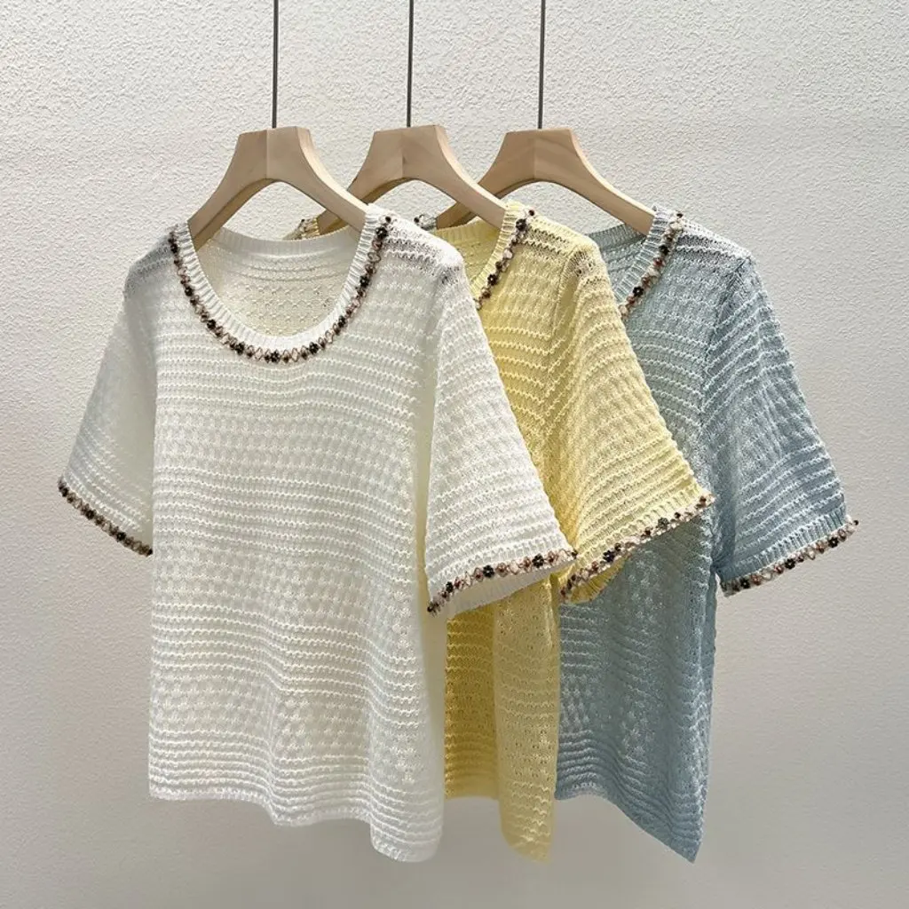 

Women's French Retro Elegant round Neck Beaded Design Cut out Short-Sleeved Knitwear Summer Short Top