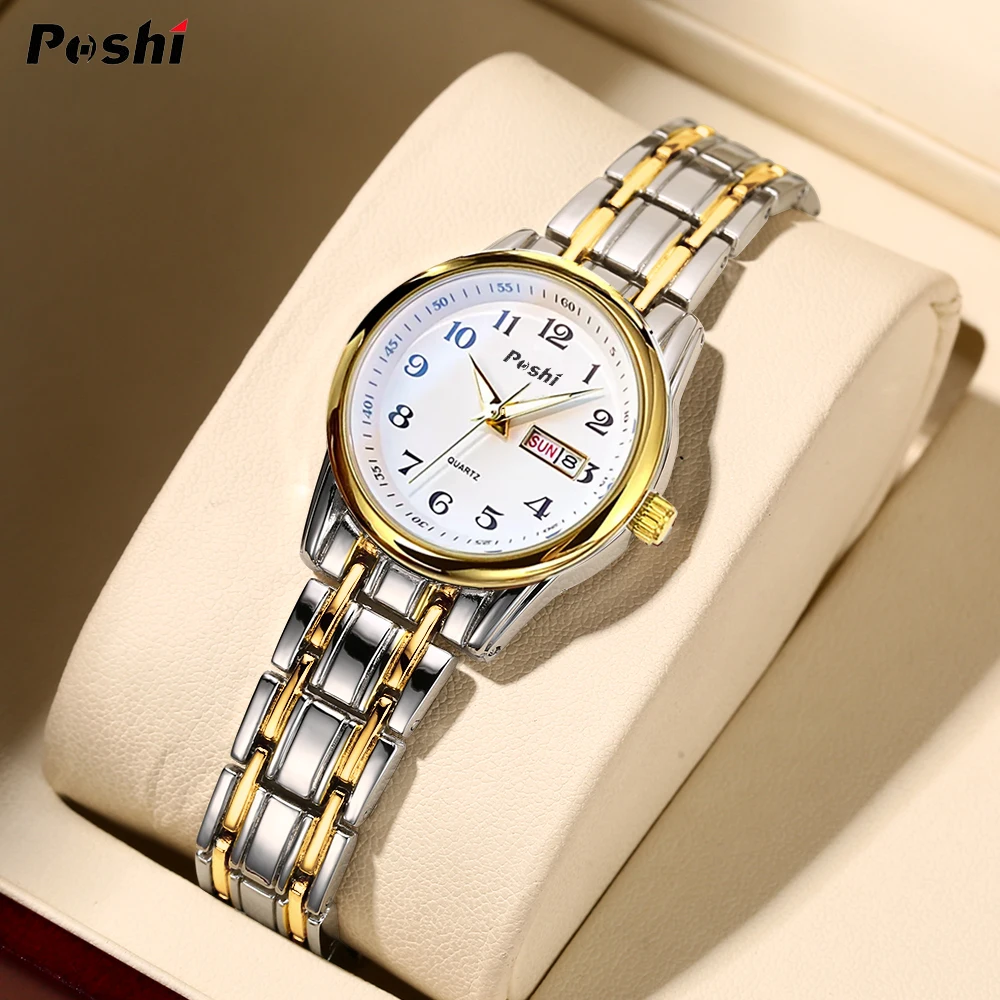 

POSHI Original Waterproof Quartz Watch for Women Fashion Ladies Bracelet Luxury Stainless Steel Strap Date Week Women's Watches