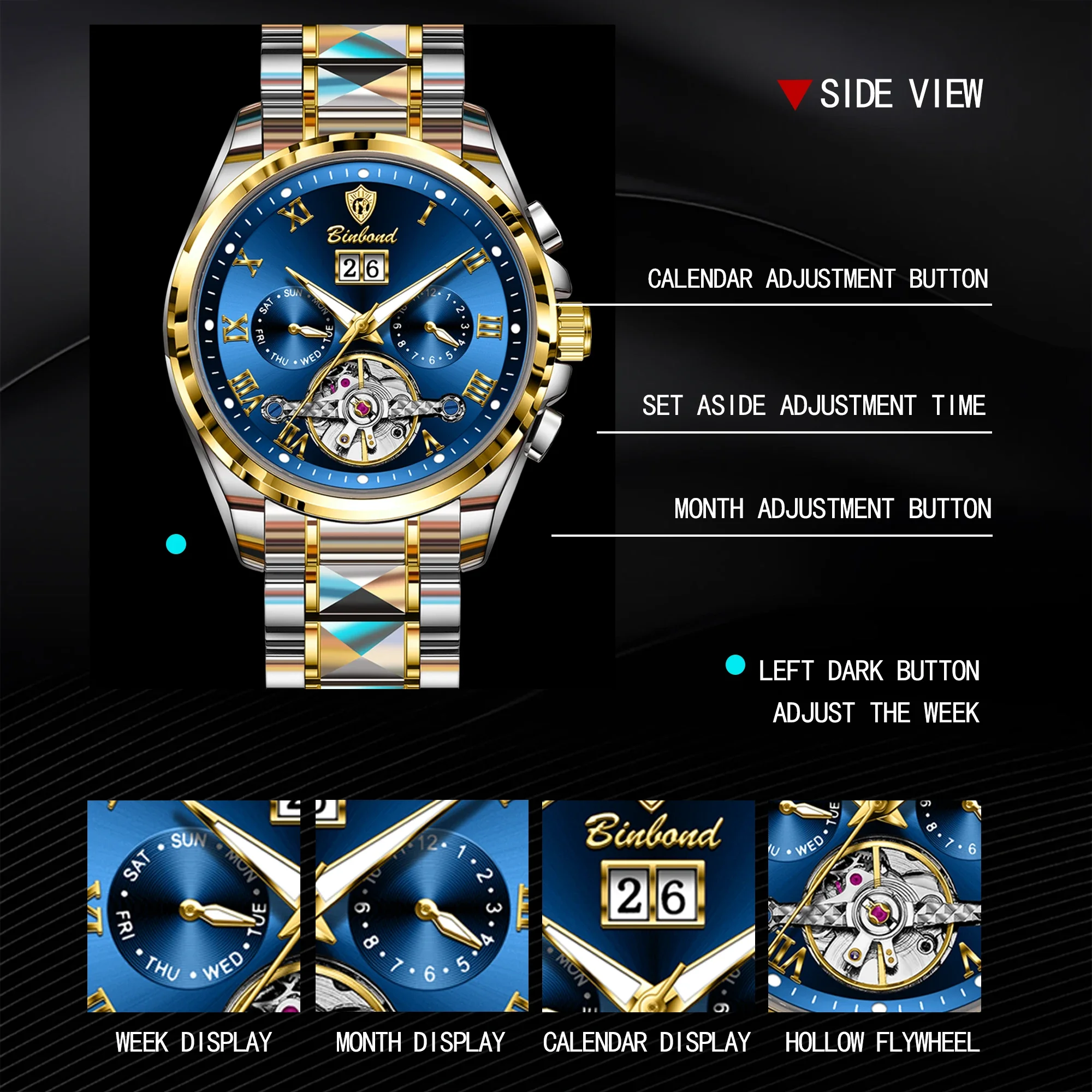 BINBOND أعلى الفاخرة التلقائية الميكانيكية الرجال ووتش تاريخ للماء ساعة اليد جوفاء توربيون الفولاذ المقاوم للصدأ ساعة رجالي الذكور #4