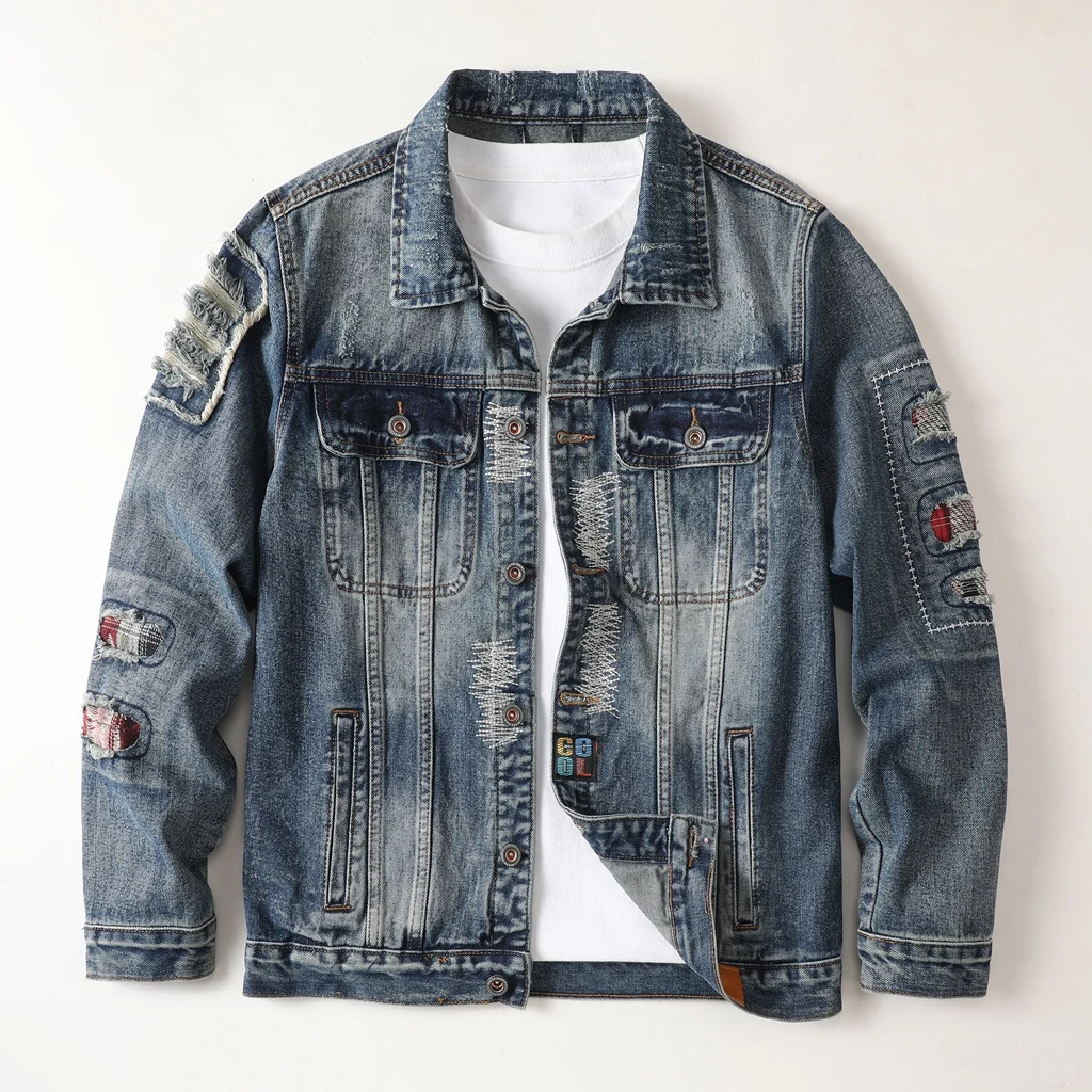 American retro denim jacket with men's ripped hole splicing trendy jacket loose long sleeved denim jacket korean fashion