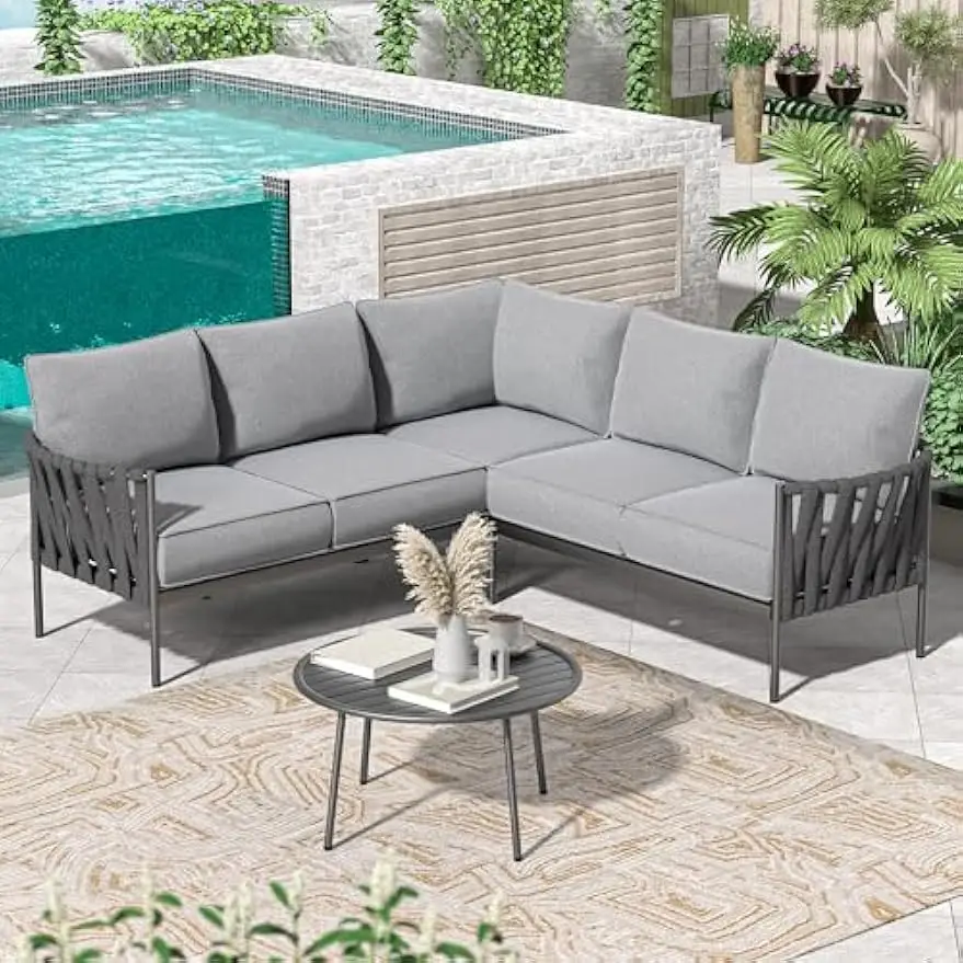 6 Stück L-förmige Sofa-Terrassen-Gesprächs sets im Freien, Terrassen möbel mit dicken Kissen und Couch tisch