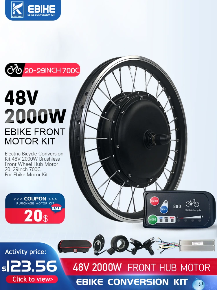 AliExpress KUNTENG E-BIKE 48V 2000W Front Hub Motor Dirve Wheel 20-29inch 700C with kt controller for Electric Bicycle Conversion Kit dropout 100mm