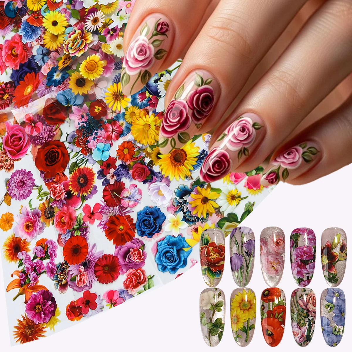 

Spring-themed floral nail stickers, featuring a fresh and natural forest theme, with designs of roses, daisies, hydrangeas, and