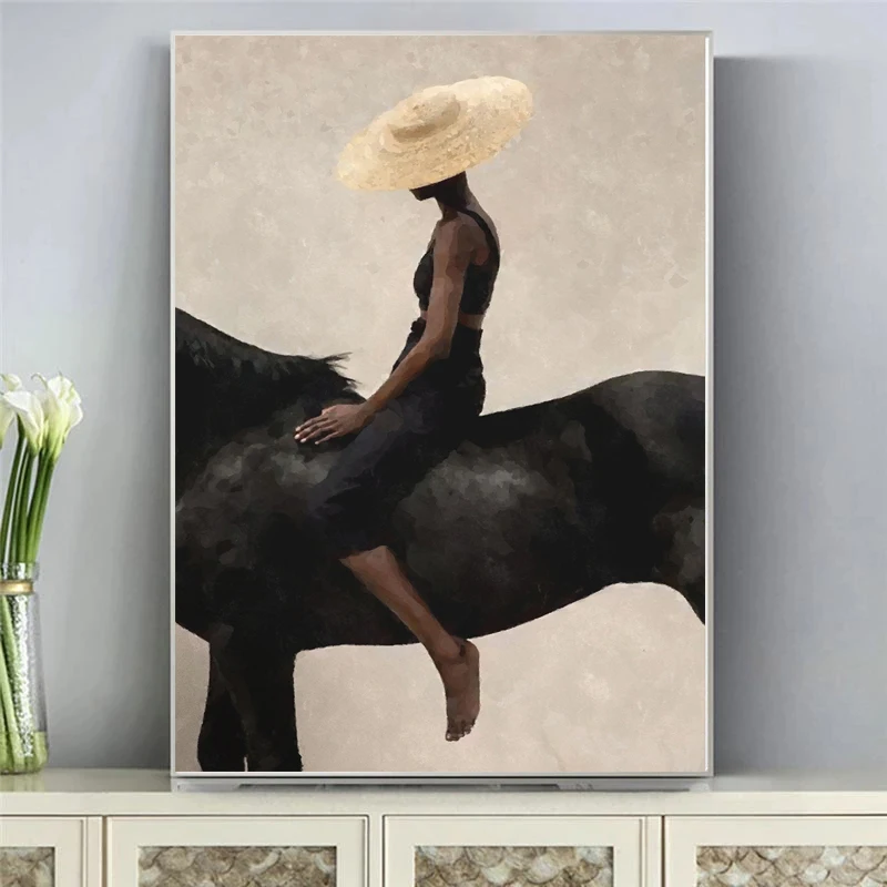 Black Woman Riding A Horse Posters and Prints Modern Figure Art Canvas Painting Wall Art Pictures Home Bar Room Decoration