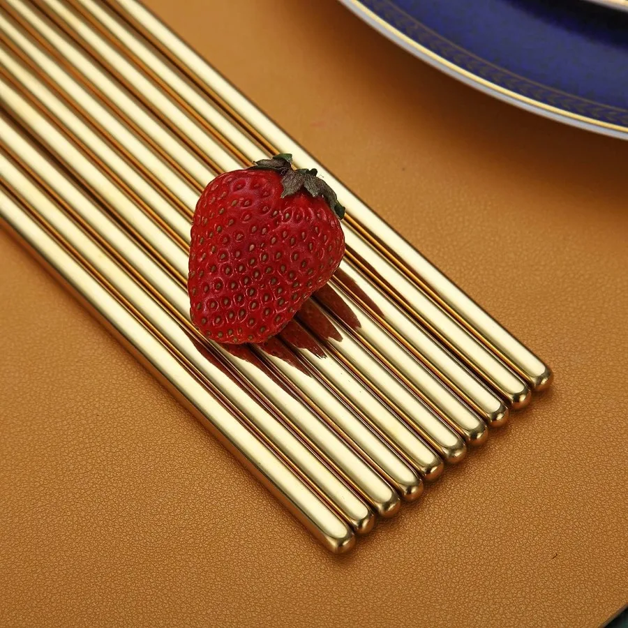 10 أزواج من عيدان تناول الطعام القابلة لإعادة الاستخدام مع تصميم من الفولاذ المقاوم للصدأ مطلي بالذهب والتيتانيوم لتناول الطعام الكوري الصيني الياباني بطول 8.9 بوصة