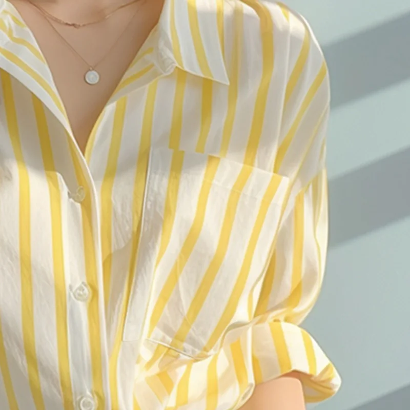 2024 New Summer Korean Aesthetic Loose Casual Office Lady Women\'s Shirt Pocket Mixed Cotton V Neck Long Sleeve Striped Y2K Tops