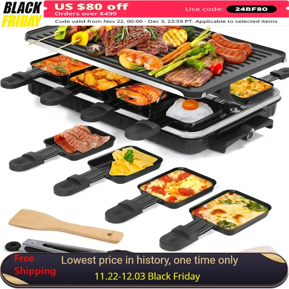 

Electric Griddles, 2 In 1 Electric Griddle Nonstick With 8 Raclette Cheese Pans 1 Tong Adjustable Temperature, Electric Griddles