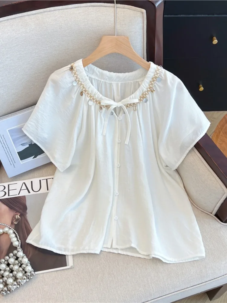 

n Sle Женская ort Sve irt Summer ell Design Белый топ Верхняя одежда свободного кроя круглый Ne Casual Универсальный irt