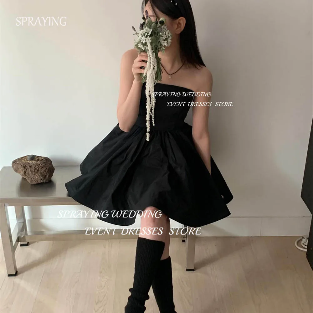 

SPRAYING Korean Wedding Photography Simple Strapless Short TAFFETA Wedding Dress Mini Above knee Corset Back Prom Dress