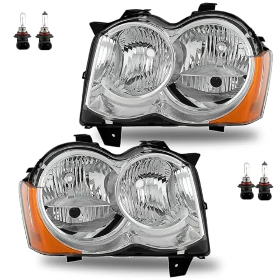 

Headlights Assembly for 2008 2009 2010 Jeep Grand Cherokee OE Style Pair Headlamps with Halogen Bulbs Chrome Housing Amber Refl