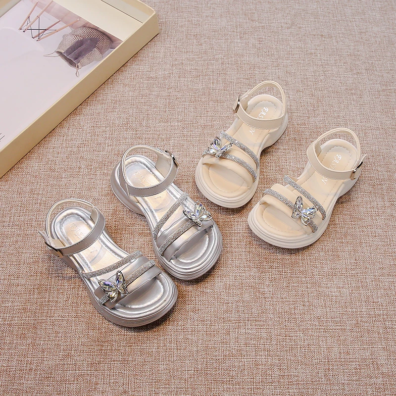 

Water Diamond Bow Sequin Open Toe Girls' Sandals Silver/Beige, Summer PU Outdoor Girls' Fashion Sandals Sizes 23-37